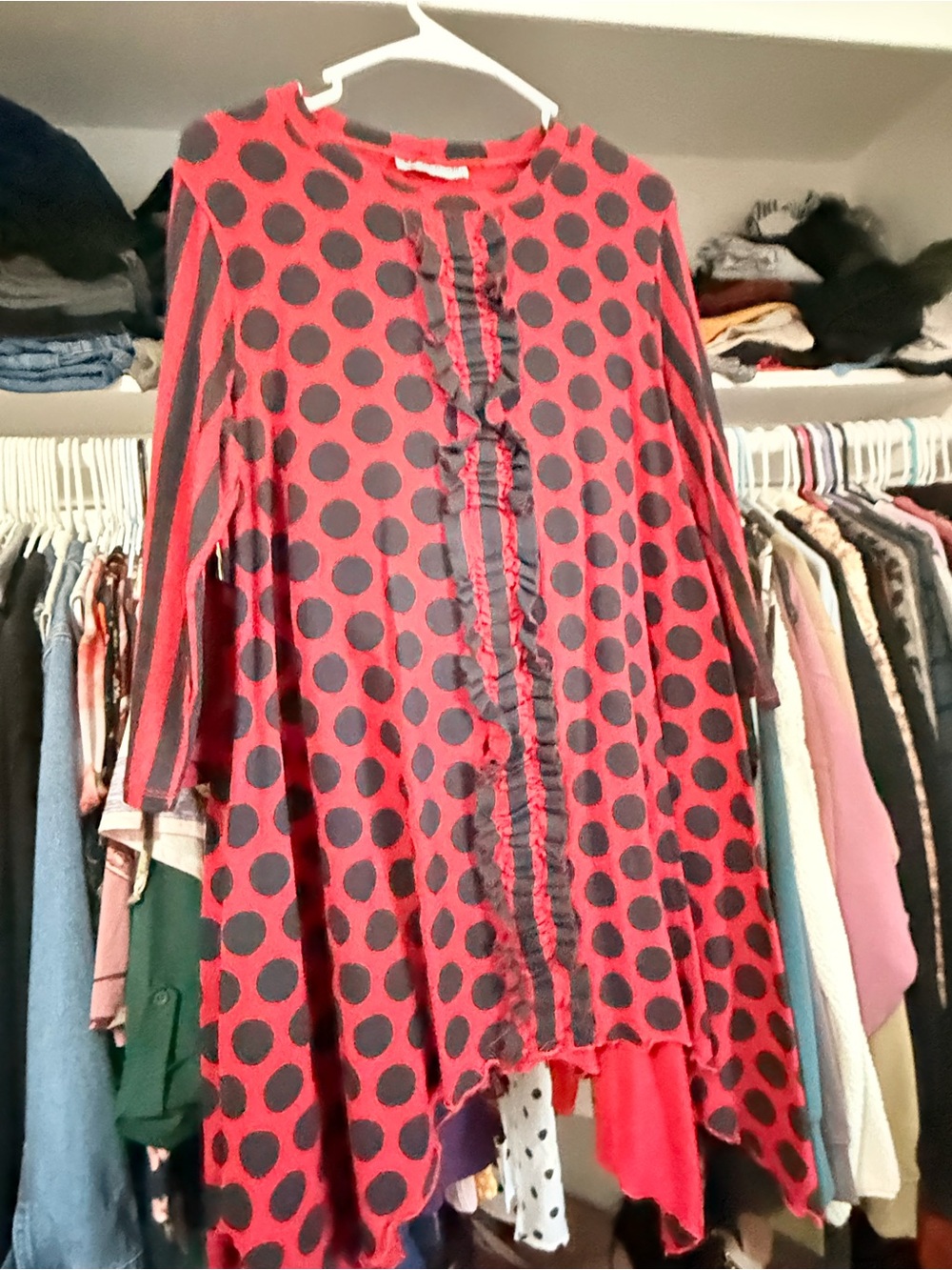 Red and Black Polka Dot Ruffle Tunic Top